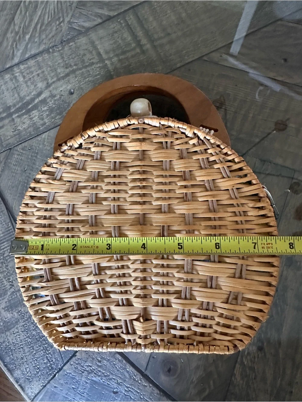 Wooden Purse Hinged Basket Weave Sides Handles Clasp Interior Floral Cloth Lined - Picture 9 of 12
